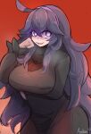  1girl :d @_@ absurdres ahoge arm_under_breasts artist_name asekeu breasts dress glowing glowing_eyes hairband hand_on_own_cheek hand_on_own_face hex_maniac_(pokemon) highres large_breasts long_dress long_hair looking_at_viewer open_mouth pokemon pokemon_(game) pokemon_xy purple_hair purple_hairband red_background ribbed_dress shaded_face sidelocks sketch smile violet_eyes 