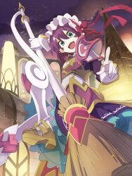  1girl :d broom facial_mark fang frilled_hairband frills gloves green_eyes hair_between_eyes hair_ribbon hairband headband holding holding_broom horizontal_pupils kirara_fantasia looking_at_viewer merry_nightmare official_art outdoors pointy_ears purple_hair red_ribbon ribbon smile solo third-party_source triangle triangle_facial_mark white_gloves white_headband yumekui_merry 