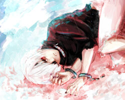  1boy black_nails black_shirt blood commentary_request cuffs feet_out_of_frame hair_over_one_eye holding_eyepatch kaneki_ken looking_at_viewer lying male_focus mask mask_around_neck on_side one_eye_covered parted_lips rain red_eyes shirt shishi_(eai_make) short_hair shorts solo three-quarter_sleeves tokyo_ghoul white_hair white_shorts 