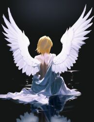  1boy angel_wings back bare_back black_background blonde_hair commentary_request earrings from_behind highres hunter_x_hunter jewelry kurapika male_focus short_hair sitting sitting_on_water solo spread_wings tenkora_(kurar_hxh) wings 
