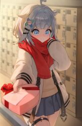  1girl absurdres ahoge aneru_(nell_899) averting_eyes backlighting blue_eyes blue_hair blue_skirt blunt_bangs blush box closed_mouth commentary getabako gift gift_box hair_flaps hair_intakes hair_ornament hairclip hand_up hashtag-only_commentary heart heart-shaped_box heart_o-ring highres holding holding_box holding_gift hololive hololive_dev_is incoming_gift jacket lightning_ahoge long_sleeves mizumiya_su o-ring o-ring_thigh_strap outstretched_arm outstretched_hand parallel_hairclips reaching reaching_towards_viewer red_scarf scarf short_hair skirt solo sweater_vest thigh_strap untranslatable_commentary valentine virtual_youtuber white_jacket x_hair_ornament 