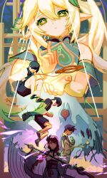  1boy 2girls abstract_background blunt_bangs chinese_commentary commentary_request electricity engulfing_lightning_(genshin_impact) from_side full_body genshin_impact green_eyes green_hair hair_between_eyes hair_ornament head_tilt highres holding holding_polearm holding_weapon japanese_clothes jingmaishaonu kimono leaf_hair_ornament long_hair long_sleeves looking_at_viewer mother_and_son multiple_girls nahida_(genshin_impact) pointy_ears polearm purple_kimono raiden_shogun scaramouche_(genshin_impact) scaramouche_(kabukimono)_(genshin_impact) shorts side_ponytail sketch star-shaped_pupils star_(symbol) symbol-shaped_pupils unfinished upper_body wanderer_(genshin_impact) weapon wide_sleeves 