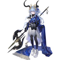  1girl ancient_greek_clothes animal_ears arknights arm_armor axe belt black_pantyhose blue_sash boots braid cow_ears cow_girl cow_horns cow_tail curled_horns cynisca_(arknights) expressionless full_body greco-roman_clothes hair_between_eyes high_collar highres holding holding_axe horns laurel_crown long_hair official_art pantyhose pink_eyes sash short_sleeves sidelocks single_shoulder_pad skirt solo stuffed_animal stuffed_toy tachi-e tail third-party_source todoroki_masaru transparent_background white_boots white_skirt white_tail 