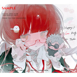  1boy 1girl :3 bandaid bandaid_on_hand bandaid_on_neck blunt_bangs blush character_doll character_request commission copyright_request doll glasses hetero highres izumi_087 letterboxed long_hair long_sleeves looking_at_viewer mihuashi_commission orange_eyes original parted_lips red_hair sample_watermark short_hair watermark white_hair 