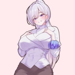 1girl absurdres black_skirt blush breasts commentary covered_navel grin hands_on_own_chest highres ine_(vtuber) jacket korean_commentary large_breasts long_hair looking_at_viewer pencil_skirt pink_background ponytail rapid17 simple_background skirt smile solo sweatdrop sweater turtleneck very_long_hair violet_eyes virtual_youtuber waktaverse white_hair white_sweater 