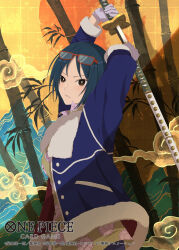  1girl arms_up bamboo blue_hair blue_jacket commentary_request copyright_name copyright_notice eyewear_on_head floral_print fur-trimmed_jacket fur_trim glasses gloves highres holding holding_sword holding_weapon jacket katana long_sleeves looking_at_viewer official_art one_piece one_piece_card_game open_clothes open_jacket parted_lips pink_shirt print_shirt red-framed_eyewear shirt short_hair solo sword tashigi tukuso upper_body weapon 