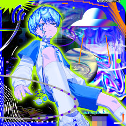  1boy absurdres blue_eyes blue_hair commentary commission english_commentary highres original planet short_hair shorts signal_1120 skeb_commission solo star-shaped_pupils star_(symbol) symbol-shaped_pupils ufo 