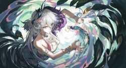  1girl absurdres aqua_nails bare_shoulders between_fingers bird blue_eyes bracelet changmingsuo chinese_commentary commentary_request highres holding holding_ofuda honkai:_star_rail honkai_(series) jewelry multiple_views nail_polish ofuda ofuda_between_fingers peacock peacock_feathers peacock_feathers_hair_ornament ring tassel white_hair yao_guang_(honkai:_star_rail) zzzzzm_jiangzhouzi 