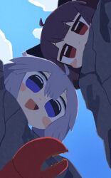  2girls :d absurdres ahoge black_hair blue_eyes blue_sky blush_stickers commentary crab day from_below highres jitome konohoshi looking_down multiple_girls no_nose open_mouth pincers purple_hair red_eyes sky smile touhoku_kiritan untranslatable_commentary voiceroid yuzuki_yukari 