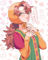  1girl blush brown_hair commentary_request dragon_quest dragon_quest_vii dress green_dress green_eyes grin heart heart_background hood hood_up jewelry layered_sleeves long_hair long_sleeves looking_at_viewer maribel_(dq7) minashirazu ring shoes short_over_long_sleeves short_sleeves smile solo standing tongue tongue_out 