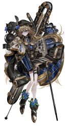  absurdres bags_under_eyes belt black_cat blonde_hair blue_cape boots bugle cane cape cat closed_mouth commentary dagger feather_hair_ornament feathers film_reel flower flute gloves gun hair_flower hair_ornament handgun headset highres holding holding_newspaper holster instrument jacket knife leather leather_belt leather_coat leather_jacket leather_skirt legs looking_to_the_side mandarin_collar medal megaphone military_uniform newspaper original plaid_cape plaid_clothes popped_collar recorder riding_boots senakira simple_background skinny skirt sword tachi-e thigh_holster trombone violet_eyes waist_cape weapon white_background white_gloves 