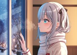  1girl :o absurdres black_ribbon blue_eyes commentary_request from_side grey_hair hair_ribbon hal_(haldayo913) highres indoors kaga_sumire parted_lips ribbon sailor_collar scarf school_uniform serafuku solo virtual_youtuber vspo! white_sailor_collar white_scarf window 