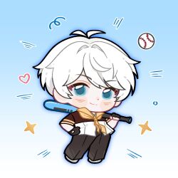  1boy absurdres antenna_hair aqua_eyes baseball baseball_bat black_gloves blue_background chibi chibi_only chinese_commentary closed_mouth collared_shirt commentary_request commission full_body gloves gradient_background hair_between_eyes hand_on_own_hip highres holding holding_baseball_bat holding_weapon honkai_(series) honkai_impact_3rd kevin_kaslana light_blush light_smile pants school_uniform shirt short_sleeves solo weapon white_hair yunzhongqi 