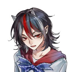  1girl absurdres aihara-rina black_hair blue_bow blue_bowtie bow bowtie chinese_commentary collarbone commentary_request cone_horns dress grey_hair grey_horns highres horns kijin_seija medium_hair open_mouth pointy_ears portrait red_hair small_horns smile solo touhou white_background white_dress 