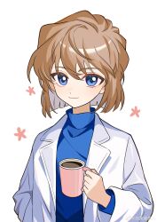  1girl absurdres bisho_imobing_hito blue_eyes blue_sweater brown_hair closed_mouth commentary_request cup eyelashes haibara_ai highres holding holding_cup lab_coat long_sleeves looking_at_viewer meitantei_conan mug simple_background smile solo sweater upper_body white_background 