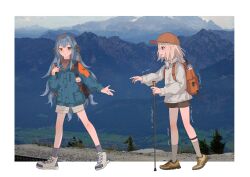  2girls absurdres ampheta backpack bag bang_dream! bang_dream!_it's_mygo!!!!! baseball_cap black_ribbon black_shorts blue_hair blue_jacket border brown_shoes cane character_doll chinese_commentary commentary_request doll grey_jacket grey_socks hair_ribbon hat highres jacket long_hair long_sleeves medium_hair misumi_uika multiple_girls open_mouth orange_bag orange_hat outside_border photo_background ribbon shoes shorts sidelocks socks teeth togawa_sakiko trembling upper_teeth_only violet_eyes white_border white_shoes white_shorts 