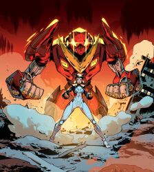  1girl absurdres armor asian black_bodysuit black_hair bodysuit cityscape clenched_hand clenched_hands debris destruction dust dynamic_pose glowing glowing_eyes gold_armor highres leo_chiola marvel marvel_rivals marvel_rivals_(style) marvel_snap mecha multicolored_armor multicolored_bodysuit official_art peni_parker red_armor red_background robot rock ruins science_fiction short_hair solo spider-man_(series) superhero_costume urban white_bodysuit wreckage 
