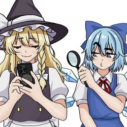  2girls apron black_hat black_vest blouse blue_bow blue_dress blue_eyes blue_hair bow braid buttons cellphone cirno closed_eyes dress english_commentary flat_chest gem_alert_(meme) hair_bow hat hat_bow holding holding_magnifying_glass ice ice_wings kirisame_marisa long_hair looking_at_another looking_through_magnifying_glass magnifying_glass meme mini-hakkero multiple_girls naughty_face o3o phone puffy_sleeves raised_eyebrow red_ribbon ribbon shirt short_hair short_sleeves side_braid simple_background single_braid skyder_j smartphone smile touhou turtleneck turtleneck_shirt vest waist_apron white_background white_bow white_shirt wings witch_hat 
