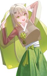  1girl :d absurdres arms_up bow breasts brown_hair brown_shirt commentary green_bow green_eyes green_skirt gumbshil hair_ornament hairclip hanbok highres holding holding_unworn_clothes jacket korean_clothes korean_commentary long_hair long_sleeves looking_at_viewer medium_breasts open_mouth rani_(viichan) see-through_clothes see-through_sleeves shirt simple_background skirt smile solo teeth upper_teeth_only very_long_hair viichan virtual_youtuber waktaverse white_background 