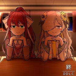  2girls brown_hair closed_mouth collared_shirt commentary_request doki_doki_literature_club dress elbows_on_table eyes_visible_through_hair flower green_eyes grey_eyes grey_hair grey_jacket hair_flower hair_ornament hair_over_one_eye heterochromia highres indoors interlocked_fingers isekaijoucho jacket just_monika_(meme) kamitsubaki_studio long_hair looking_at_viewer meme monika_(doki_doki_literature_club) multiple_girls ponytail red_eyes shirt shrug_(clothing) sitting smile t_masoppu table virtual_youtuber white_shirt white_shrug wooden_table yellow_dress yellow_flower 
