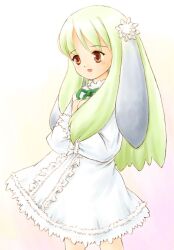  1girl animal_ears asiaaqua bad_id center_frills cowboy_shot dress frills gradient_background green_hair green_ribbon hands_up long_hair moko_moko_box neck_ribbon open_mouth orange_eyes puffy_sleeves rabbit_ears rabbit_girl rabi_(moko_moko_box) ribbon smile solo standing white_dress 