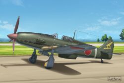  absurdres aircraft airplane artist_name blue_sky hattorin highres imperial_japanese_army ki-61_hien landing_gear military military_vehicle no_humans open_cockpit propeller propeller_fighter shadow sky vehicle_focus world_war_ii 