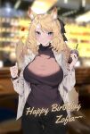  1girl :&gt; alternate_costume animal_ear_fluff animal_ears arknights birthday black_bow black_pants black_sweater blonde_hair blue_eyes blush bow breasts casual commentary commission english_commentary english_text frappuccino hair_bow heart highres horse_girl horse_tail jacket kaa-san large_breasts long_sleeves looking_at_viewer open_clothes open_jacket pants ponytail second-party_source smile solo starbucks sweater tail watch whislash_(arknights) white_jacket 