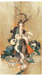  1girl absurdres arknights black_hair black_skirt blunt_bangs blunt_ends book brown_background cherry_blossoms chinese_clothes chinese_commentary closed_mouth commentary_request dragon_girl dragon_horns dragon_tail eastern_dragon_horns eastern_dragon_tail eyeliner full_body grey_eyes highres holding holding_book horns jie_(arknights) long_skirt long_sleeves looking_at_viewer makeup mei_ren multicolored_hair nihonga open_book orange_eyeliner paper_texture petals pointy_ears robe shirt short_hair sitting skirt smile solo streaked_hair tail tree ukiyo-e white_shirt yellow_hands 
