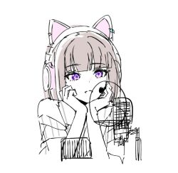  1girl :d animal_ear_headphones animal_ears blunt_bangs bob_cut brown_hair c_(p0t3c1) cat_ear_headphones cat_ears clothing_cutout commentary_request fake_animal_ears headphones headset ikizulive!_1st_live_~what_is_my_l?~ ikizulive!_love_live!_bluebird korean_commentary love_live! microphone pop_filter sasaki_shion short_hair shoulder_cutout silent_stella_(love_live!) simple_background single_bare_shoulder smile solo upper_body violet_eyes what_is_my_life?_(love_live!) white_background 