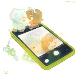  1boy 1girl ;) ;d animal_ears bow brown_hair cat_ears cellphone chibi closed_mouth coat commentary english_commentary glasses hair_bow highres jacket legitrebelrose long_sleeves mole mole_under_eye one_eye_closed open_mouth phone photo_(object) red_jacket rosa_(tears_of_themis) semi-rimless_eyewear smile tears_of_themis untranslatable_commentary vyn_richter_(tears_of_themis) white_bow white_coat white_hair 