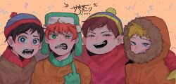  4boys black_hair blonde_hair blue_eyes blue_hat brown_hair brown_jacket coat commentary_request eric_cartman gloves green_eyes green_gloves green_hat hat jacket kenny_mccormick kyle_broflovski middle_finger multiple_boys neg_50asu open_mouth orange_background orange_coat orange_hair orange_jacket parka red_coat sharp_teeth short_hair south_park stan_marsh teeth yellow_gloves 