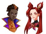  1boy 1girl bangs bow closed_mouth cropped_shoulders dark-skinned_male dark_skin dreadlocks earrings ekko_(league_of_legends) fangs grey_background hair_ornament jewelry jinx_(league_of_legends) league_of_legends looking_at_viewer mush820823 official_alternate_costume official_alternate_hairstyle orange_eyes parted_bangs red_bow redhead simple_background skin_fangs smile space_print star_(symbol) star_guardian_(league_of_legends) star_guardian_ekko star_guardian_jinx starry_sky_print symbol-only_commentary twintails violet_eyes 