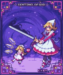  1girl alternate_costume apron artist_name blonde_hair comet_summoner98 dress english_text hat heart holding holding_sword holding_weapon long_hair long_sleeves maid maid_headdress multiple_girls multiple_swords multiple_views pixel_art red_dress red_shoes ribbon shoes solo sword touhou touhou_(pc-98) weapon yellow_eyes yumeko_(touhou) 