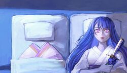  1girl alternate_costume armor bucumberr closed_mouth commentary death english_commentary from_above genshin_impact hair_down highres holding holding_sword holding_weapon indoors japanese_armor japanese_clothes katana kimono long_sleeves looking_up lying makoto_(genshin_impact) mole mole_under_eye on_back on_floor pillow purple_hair purple_kimono purple_sash raiden_shogun red_lips sad sash shade solo spoilers sword upper_body violet_eyes weapon wide-eyed wide_sleeves wooden_floor 