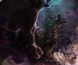  2boys animal_ears animal_nose animatronic blurry blurry_foreground chain chained commentary_request damaged five_nights_at_freddy's glowing glowing_eyes golden_freddy highres kawarayane multiple_boys outstretched_arm rabbit_ears restrained sitting springtrap twitter_username 