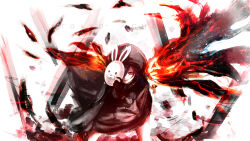  1girl abstract_background black_cloak black_gloves cloak commentary_request copyright_name embers eye_trail gloves hair_over_one_eye highres holding holding_mask kagune_(tokyo_ghoul) kirishima_touka light_trail long_sleeves looking_at_viewer mask one_eye_covered purple_hair rabbit_mask red_eyes shishi_(eai_make) smile solo tokyo_ghoul 