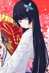  1girl aerial_fireworks aqua_eyes black_hair blue_bow blunt_bangs bow cherry_blossoms commentary firework_background fireworks floral_background flower folding_fan hair_bow hand_fan highres hime_cut holding holding_fan ikizulive!_love_live!_bluebird japanese_clothes kimono komagata_hanabi long_hair long_sleeves looking_at_viewer love_high_school_uniform love_live! obi pink_flower pink_sash red_background sash school_uniform sidelocks solo tsubuan_(in_taiyaki) very_long_hair white_kimono wide_sleeves 
