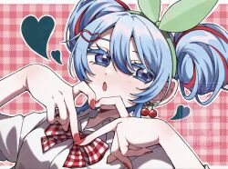  1girl blue_eyes blue_hair bow bowtie cherry_earrings cherry_pop_(vocaloid) collared_shirt colored_eyelashes commentary_request domidomi444 double-parted_bangs double_bun earrings food-themed_earrings four-finger_heart_hands gingham_background gingham_bowtie green_hairband hair_between_eyes hair_bun hair_ornament hairband hands_up hatsune_miku heart heart_hands highres jewelry looking_to_the_side medium_hair multicolored_hair nail_polish open_mouth outline plaid_background plaid_bow plaid_bowtie plaid_clothes portrait red_background red_bow red_bowtie red_hair red_nails shirt sidelocks solo streaked_hair violet_eyes vocaloid watermark white_outline white_shirt 