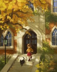  1girl animal autumn autumn_leaves bag black_cat brown_bag brown_hair brown_sweater building cat closed_eyes commentary_request highres lamppost leaf medium_hair nao_(marley) original outdoors red_skirt scenery shoulder_bag skirt smile solo stairs sweater tree twitter_username wide_shot 