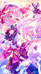  1girl :d ahoge animal_hat arm_cuffs arm_up beads ben-day_dots black_thighhighs bow cat_hat commentary_request dutch_angle earrings glasses hair_beads hair_bow hair_ornament hat heart heart_earrings highres holding holding_microphone indie_virtual_youtuber jewelry kuronohanpen leg_up long_hair looking_at_viewer microphone neck_ribbon one_eye_closed open_mouth outline petticoat pink_hair plaid_clothes plaid_skirt plaid_wrist_cuffs red_bow red_ribbon red_skirt red_wrist_cuffs ribbon round_eyewear sasasaki_kiki screentones sharp_teeth skirt skirt_bow smile solo star-shaped_pupils star_(symbol) symbol-shaped_pupils teeth thigh-highs twintails upper_teeth_only vest virtual_youtuber white_hat white_outline white_vest wrist_cuffs yellow_eyes 