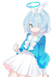  1girl absurdres arona_(blue_archive) blue_archive blue_eyes blue_hair blue_halo blue_shirt blue_sleeves blue_wind bow braid choker commentary_request eyes_visible_through_hair hair_bow hair_over_one_eye halo highres long_sleeves miniskirt pleated_skirt ribbon school_uniform serafuku shirt short_hair skirt smile solo white_ribbon white_skirt 