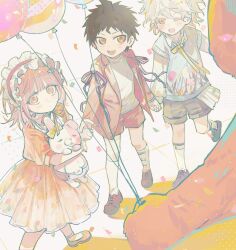  1girl 2boys :d ;o aged_down ahoge balloon brown_dress brown_eyes brown_hair brown_jacket child commentary danganronpa_(series) danganronpa_2:_goodbye_despair diaper dress grey_hair hair_ornament headdress highres hinata_hajime holding holding_balloon holding_hands jacket kneehighs komaeda_nagito long_sleeves looking_at_viewer monomi_(danganronpa) multiple_boys nanami_chiaki one_eye_closed open_clothes open_jacket shoes short_hair shuimu_guan smile socks teeth untranslatable_commentary upper_teeth_only white_background 