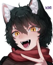  1girl animal_ear_fluff animal_ears artist_name black_hair cat_ears cat_girl cat_tail dungeon_meshi fangs highres izutsumi kimchunsik open_mouth portrait short_hair slit_pupils smile solo tail v white_background yellow_eyes 
