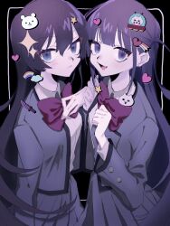  2girls :d arm_at_side black_background blue_eyes blunt_bangs bow bowtie breast_pocket buttons cat clenched_hands closed_mouth clouds collared_shirt commentary_request cowboy_shot grey_jacket hair_between_eyes hand_on_own_chest hand_up hands_up heart highres inset_border jacket kagura_hikari knife light_blush light_frown long_hair long_sleeves looking_at_viewer mr._white_(revue_starlight) multiple_girls ohi_(w_9e) one_side_up open_clothes open_jacket open_mouth pleated_skirt pocket purple_bow purple_bowtie purple_hair rainbow_sticker school_uniform seishou_music_academy_uniform shirt shooting_star_(symbol) shoujo_kageki_revue_starlight skirt smile sparkle_hair_ornament star_(symbol) sticker stuffed_animal stuffed_toy suzudaru_cat teddy_bear tsuyuzaki_mahiru ufo violet_eyes white_shirt 