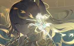  1girl absurdres bird blonde_hair bright_pupils closed_mouth commentary_request crescent crescent_hair_ornament floating_hair genshin_impact hair_ornament high_ponytail highres holding jewelry long_hair looking_at_viewer mountain multicolored_hair nenggong_zhiren ponytail smile solo streaked_hair swallow_(bird) sword thigh-highs weapon white_hair white_pupils yellow_eyes zibai_(genshin_impact) 