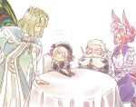  2boys 2girls animal_ears beard bow braid butterfly_wings closed_eyes crown don_quixote_(fate) facial_hair fate/grand_order fate_(series) frilled_hairband frills hairband headwear_removed helmet helmet_removed horse_ears k-hajime multiple_boys multiple_girls mustache nursery_rhyme_(fate) oberon_(fate) sancho_(fate) smile table twin_braids wings 