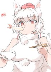 1girl animal_ear_fluff animal_ears bowl breasts chopsticks crossed_bangs detached_sleeves eating food food_in_mouth hair_between_eyes hat highres holding holding_bowl holding_chopsticks inubashiri_momiji large_breasts long_sleeves looking_at_viewer pom_pom_(clothes) red_eyes red_hat rice_bowl shirt short_hair shrimp shrimp_tempura solo tail tempura tokin_hat touhou upper_body white_hair white_shirt wide_sleeves wolf_ears wolf_girl wolf_tail yoyoiro_(sysi20) 