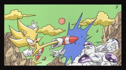  2boys alien battle black_nails bleeding blood blood_from_mouth blue_blood clenched_teeth clouds colored_skin crossover dragon_ball dragon_ball_z fingernails flying_kick frieza frown full_power_frieza furry furry_male gloves green_sky hedgehog_boy highres kicking male_focus mountain multiple_boys muscular muscular_male namek one_eye_closed red_eyes red_shoes shoes short_tail sky sonic_(series) sonic_the_hedgehog super_sonic tail teeth toriyama_akira_(style) wesatinthecar white_gloves white_skin yellow_fur 