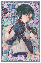  1boy absurdres ahoge arm_tattoo averting_eyes bare_shoulders biceps blush border character_name closed_mouth commentary covered_abs covered_navel covered_pectorals english_commentary facial_mark forehead_mark genshin_impact green_hair heart heart_hands highres male_focus naya_(onaxart) own_hands_together pectorals sample_watermark short_hair shy solo star_(symbol) tattoo toned toned_male upper_body watermark white_border xiao_(genshin_impact) yellow_eyes 