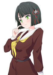  1girl absurdres black_hair blunt_bangs blunt_ends blush bob_cut breasts brown_dress commentary_request dress flower flower_knot green_eyes hair_flower hair_ornament hasu_no_sora_school_uniform highres kara_iroha link!_like!_love_live! long_sleeves love_live! medium_breasts momose_ginko neckerchief pleated_dress sailor_collar sailor_dress school_uniform scratching_cheek short_hair simple_background solo virtual_youtuber white_background white_flower white_sailor_collar winter_uniform yellow_neckerchief 